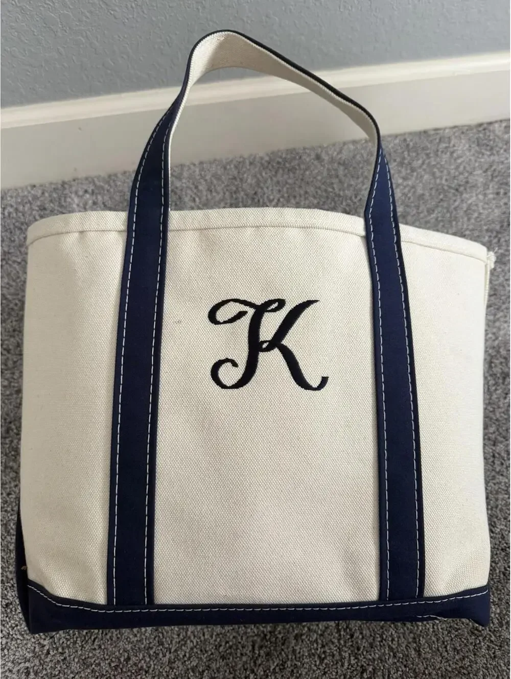 LL Bean Boat And Tote Navy With K Initial Embroidery Short Straps Medium Bag - Picture 2 of 6